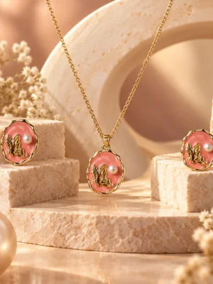 24sept_10 Pink Enamel Pearl Pendant Set