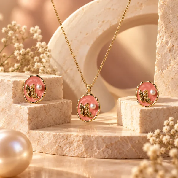 Pink Enamel Pearl Pendant Set