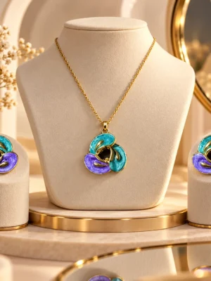 24sept_9 Teal & Violet Three-Petal Pendant Set