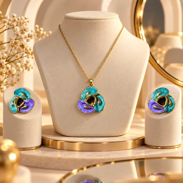 Teal & Violet Three-Petal Pendant Set