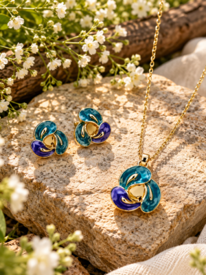 NIR-ORIGINAL-0023 Teal Enamel Swirl Pendant Set