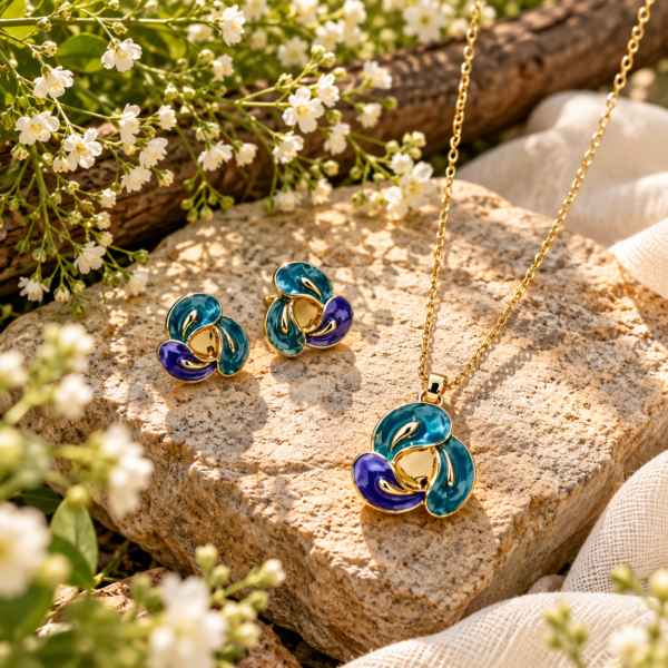 NIR-ORIGINAL-0023 Teal Enamel Swirl Pendant Set