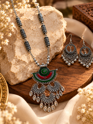 NIR-ORIGINAL-0033 Red Teal Filigree Pendant Set