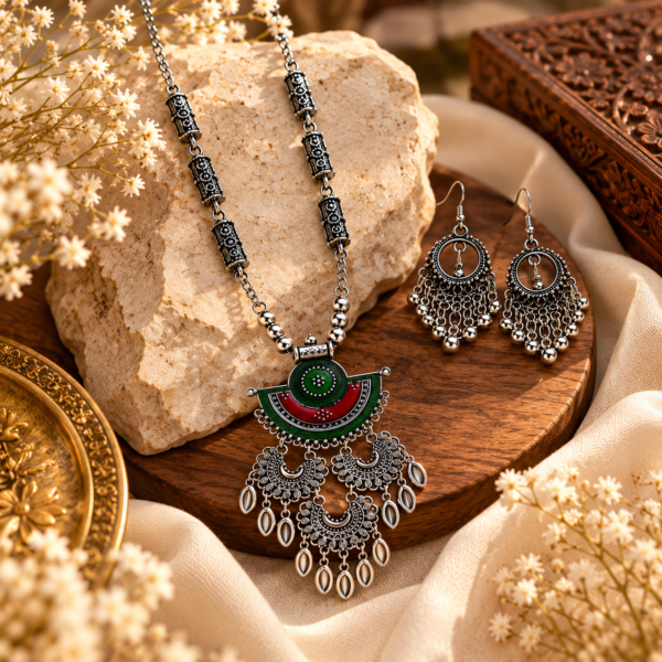 NIR-ORIGINAL-0033 Red Teal Filigree Pendant Set