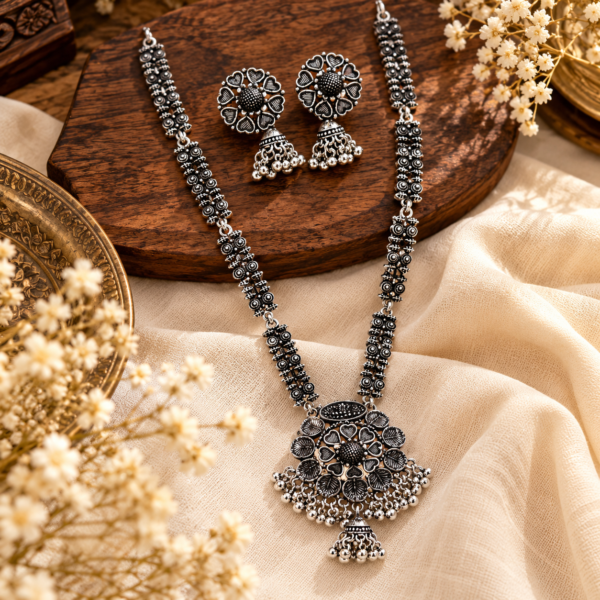 NIR-ORIGINAL-0036 Silver Floral Disc Pendant Set