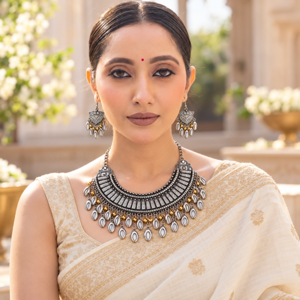 NIR-SET-0032_Model_A Silver Crescent Shield Collar Set